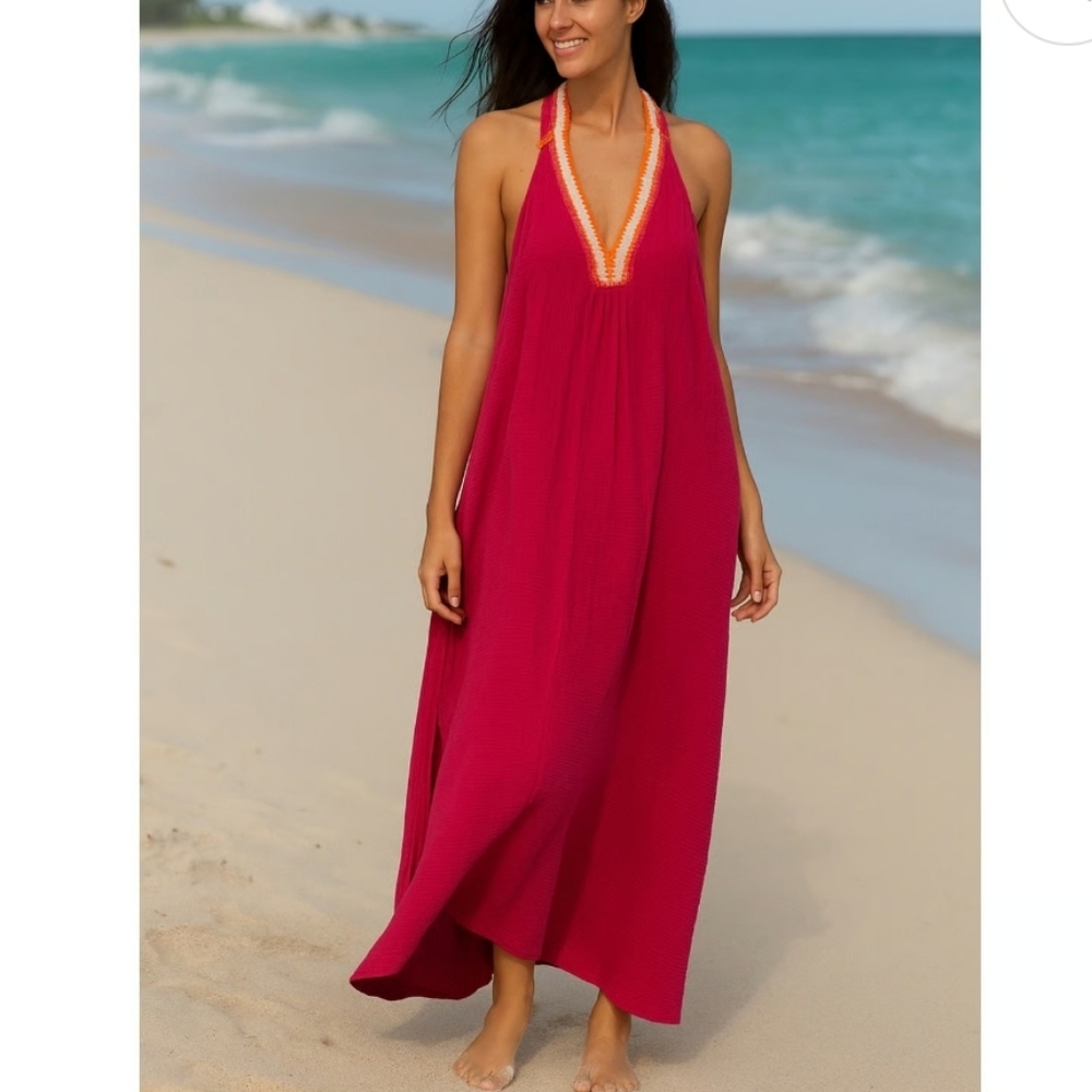 Magaschoni Organic Cotton Gauze Pom Pom Fringe Trim Boho Maxi Dress Size XS